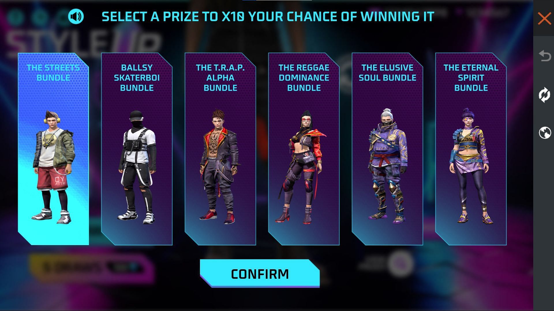 Select the desired outfit as the grand prize (Image via Garena)