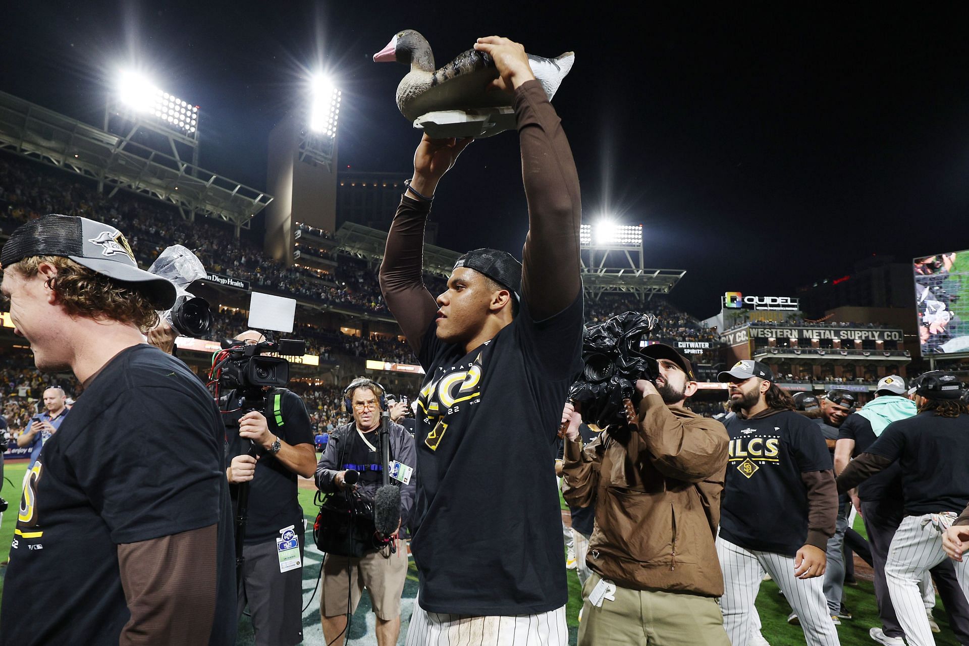 San Diego Padres right fielder Juan Soto (22) does the Soto Shuffle  during a MLB baseball game against the Los Angeles Dodgers, Saturday,  August 6, 2022, in Los Angeles. The Dodgers defeated