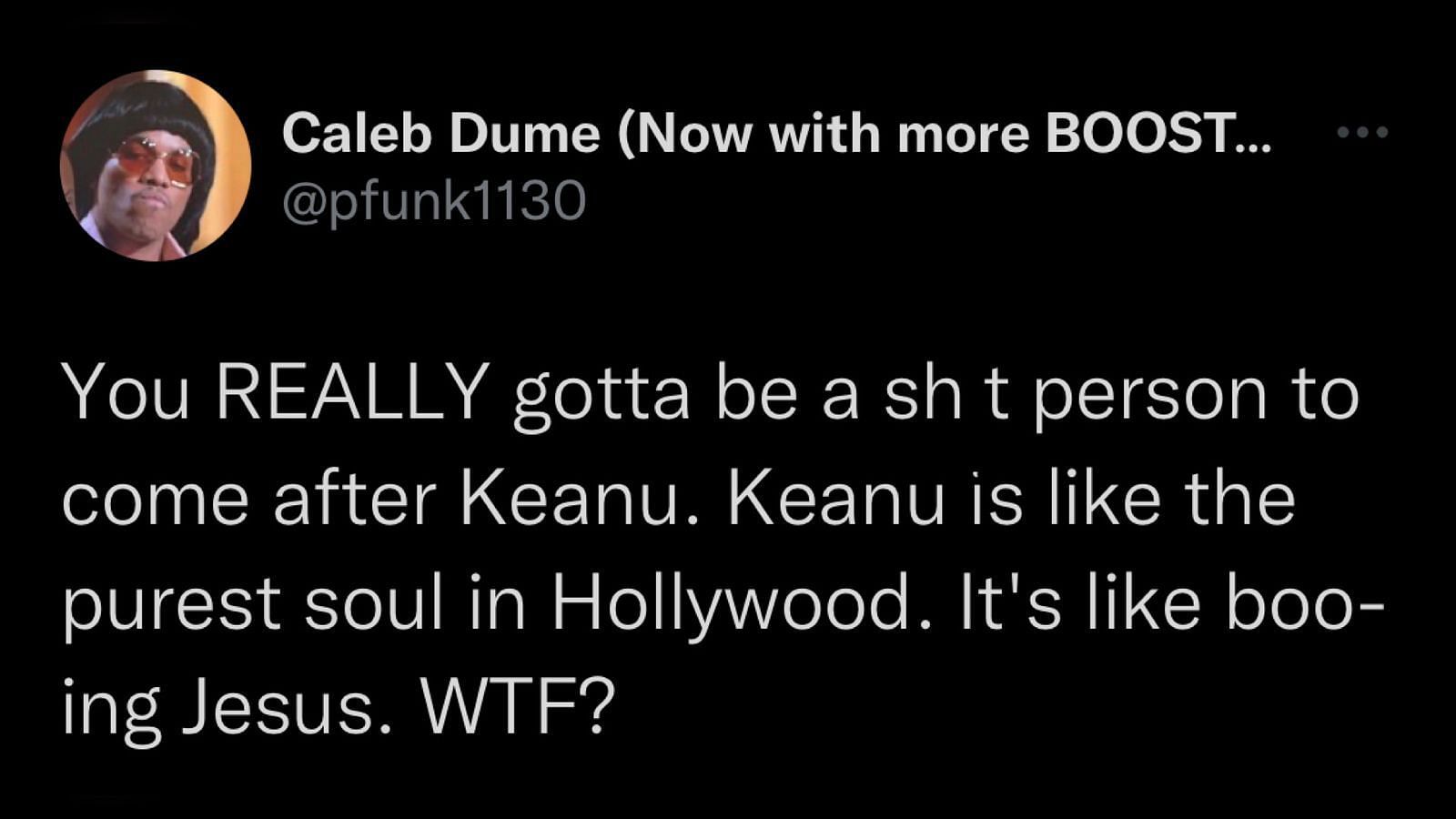 A Twitter user defending Keanu Reeves. (Screenshot via Twitter)