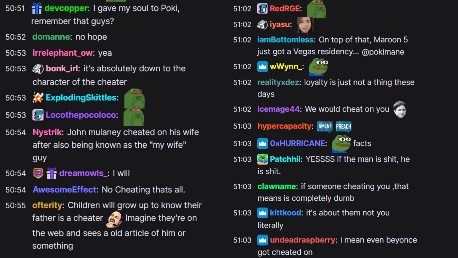 Chat reacting to her theory about cheaters in respect to Ned Fulmer and Adam Levine (Image via Pokimane/Twitch)