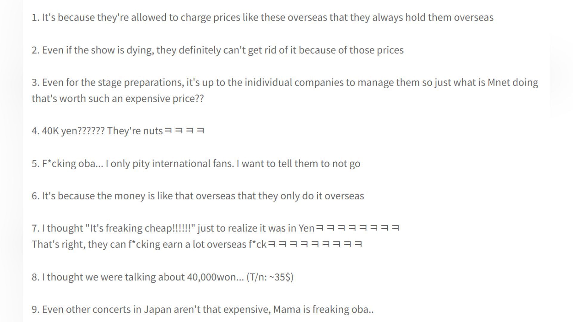 K-netizens&#039; comments regarding the ticket costs (Image via pannchoa)