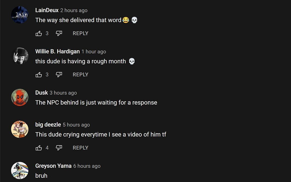 Fans in the YouTube comments section reacting to the streamer &quot;crying&quot; on stream (Images via Finest Twitch Clips/YouTube)