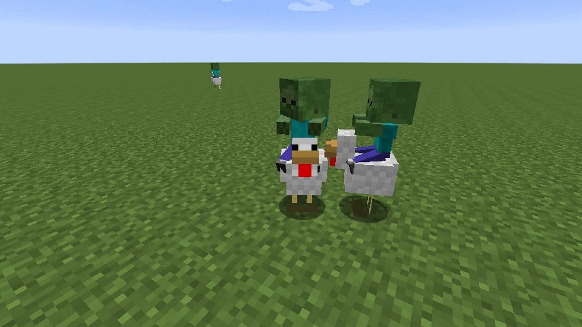 Chicken Jockey mobs roaming a superflat Minecraft world (Image via Mojang)