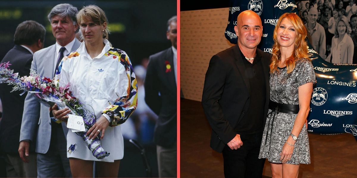 Steffi Graf at Wimbledon (L) and with her husband Andre Agassi (R).