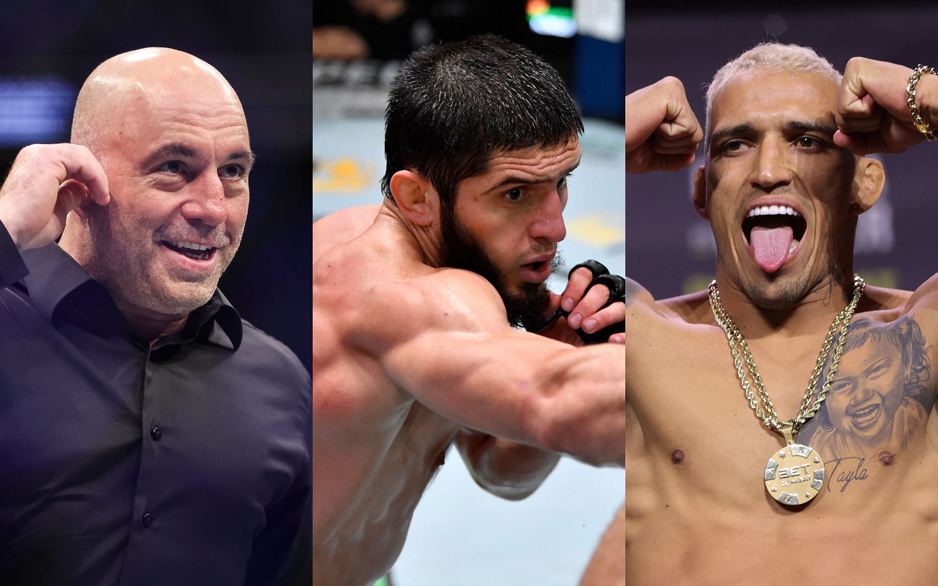 Joe Rogan (Left), Islam Makhachev (Middle), and Charles Oliveira (Right)