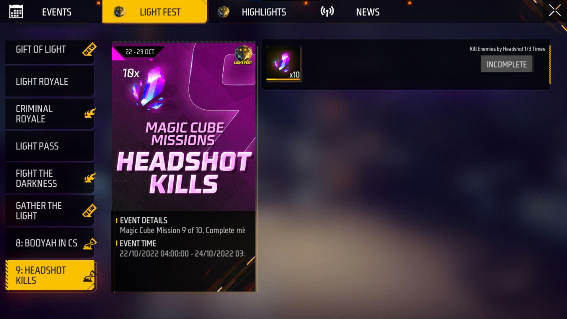 You must get three Headshot kills to get 10x Magic Cube Fragments (Image via Garena)