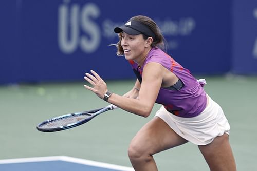 Jessica Pegula rushes to the net in her match against Madison Keys in the San Diego Open.