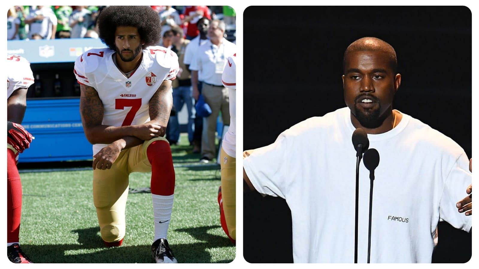 Former 49ers QB Colin Kaepernick (left) taking a knee, Kanye West delivering a speech
