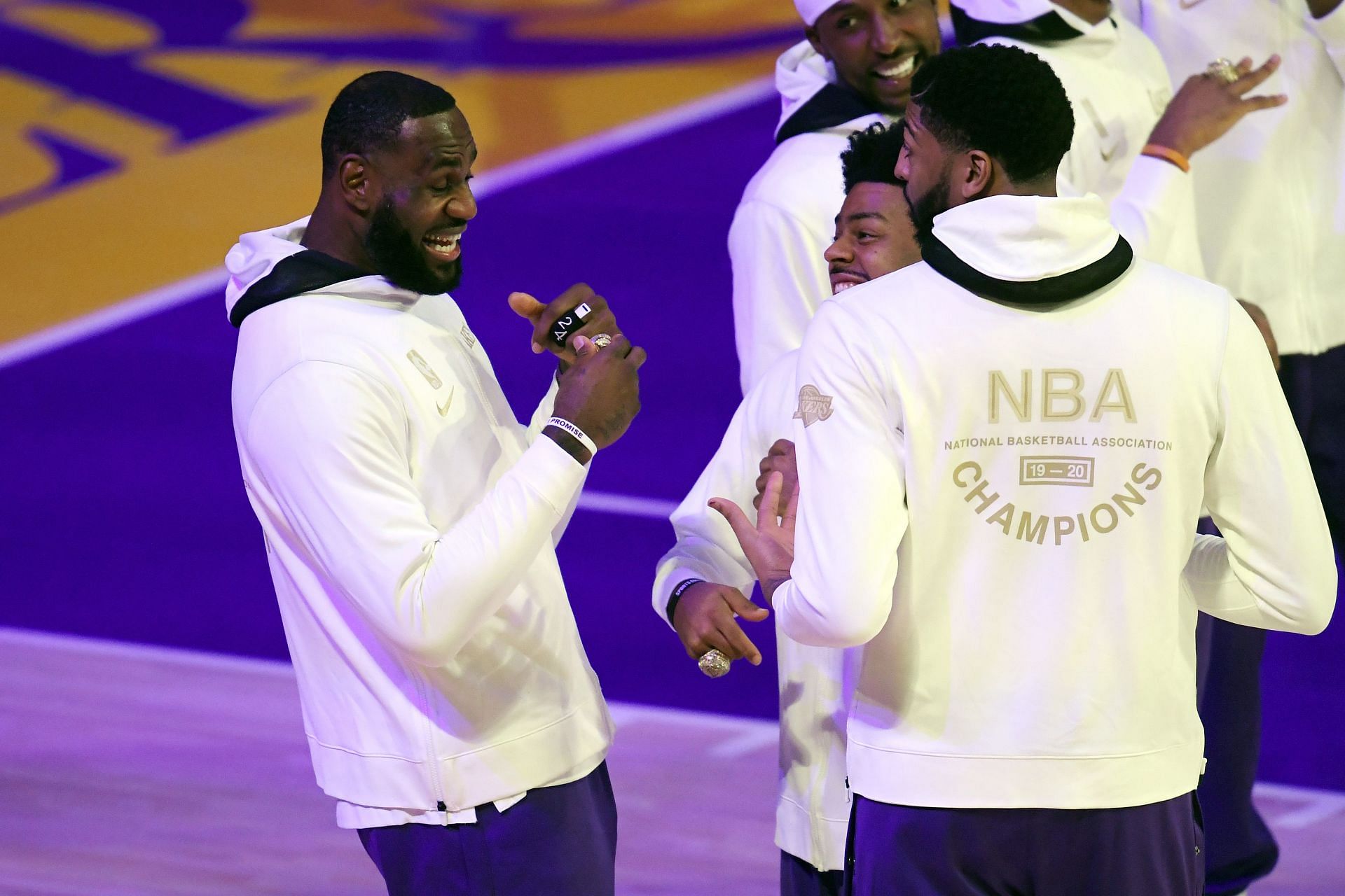 LeBron James of the Los Angeles Lakers reacts after receiving his 2020 NBA championship ring