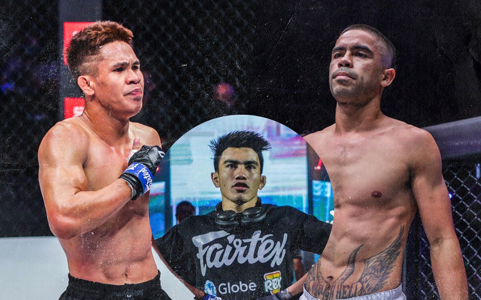 Joshua Pacio (circle inset) sees an interesting match between Jeremy Miado (left) and Danial Williams (right). [Photos ONE Championship]