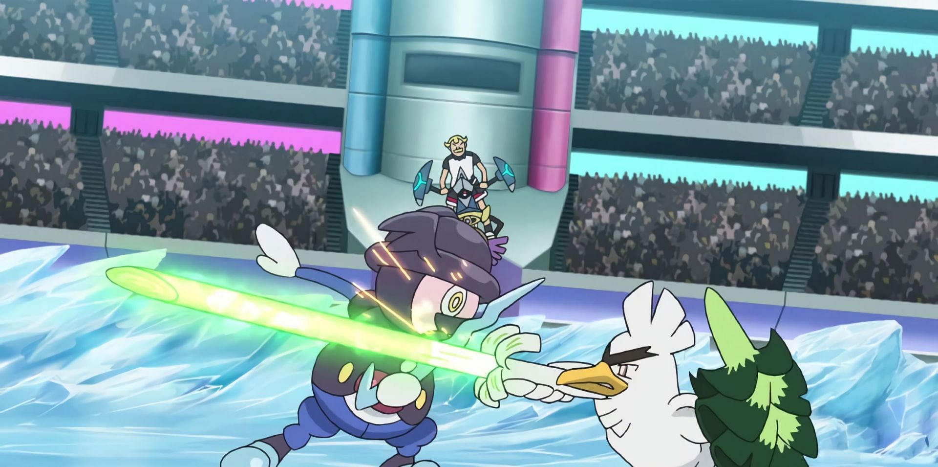 Sirfetch&#039;d fighting Mr. Rime in Pokemon Journeys episode 130 (Image via OLM Incorporated)
