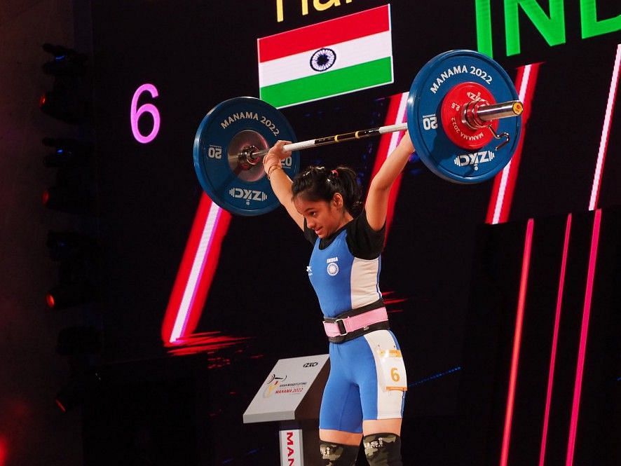 India&rsquo;s Harshada Sharad Garud in action during the Asian Weightlifting Championships in Bahrain on Saturday. Photo credit Asian Weightlifting Federation