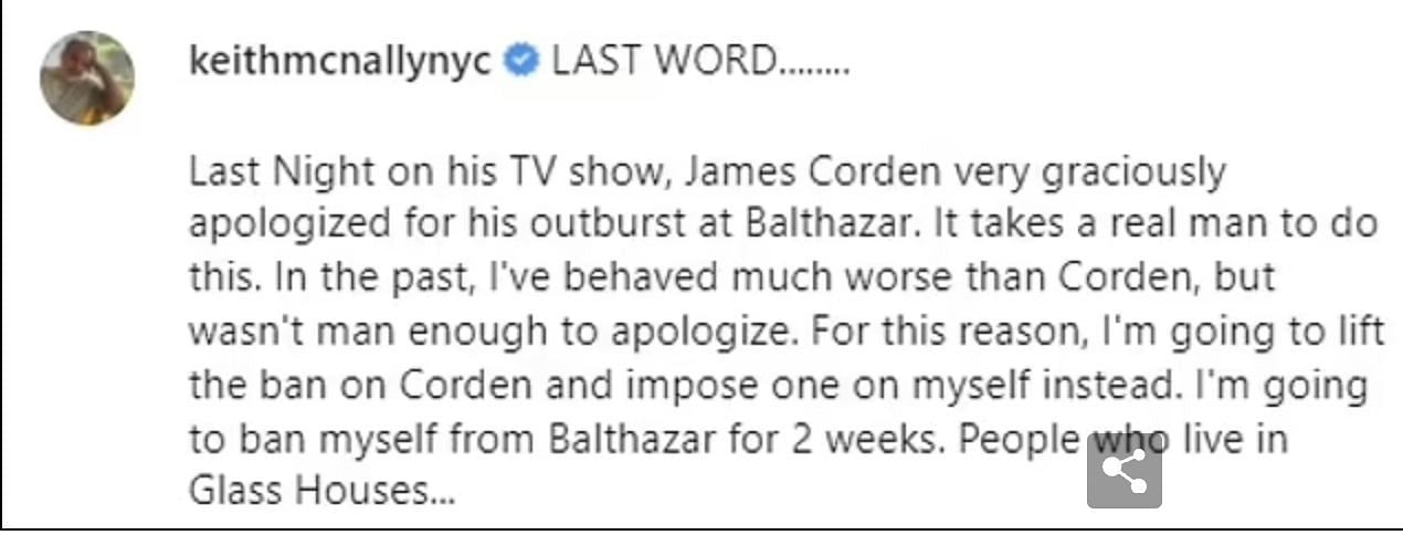 Keith, the owner of Balthazar talked about forgiving James Corden and lifting the ban. (Image via Twitter)