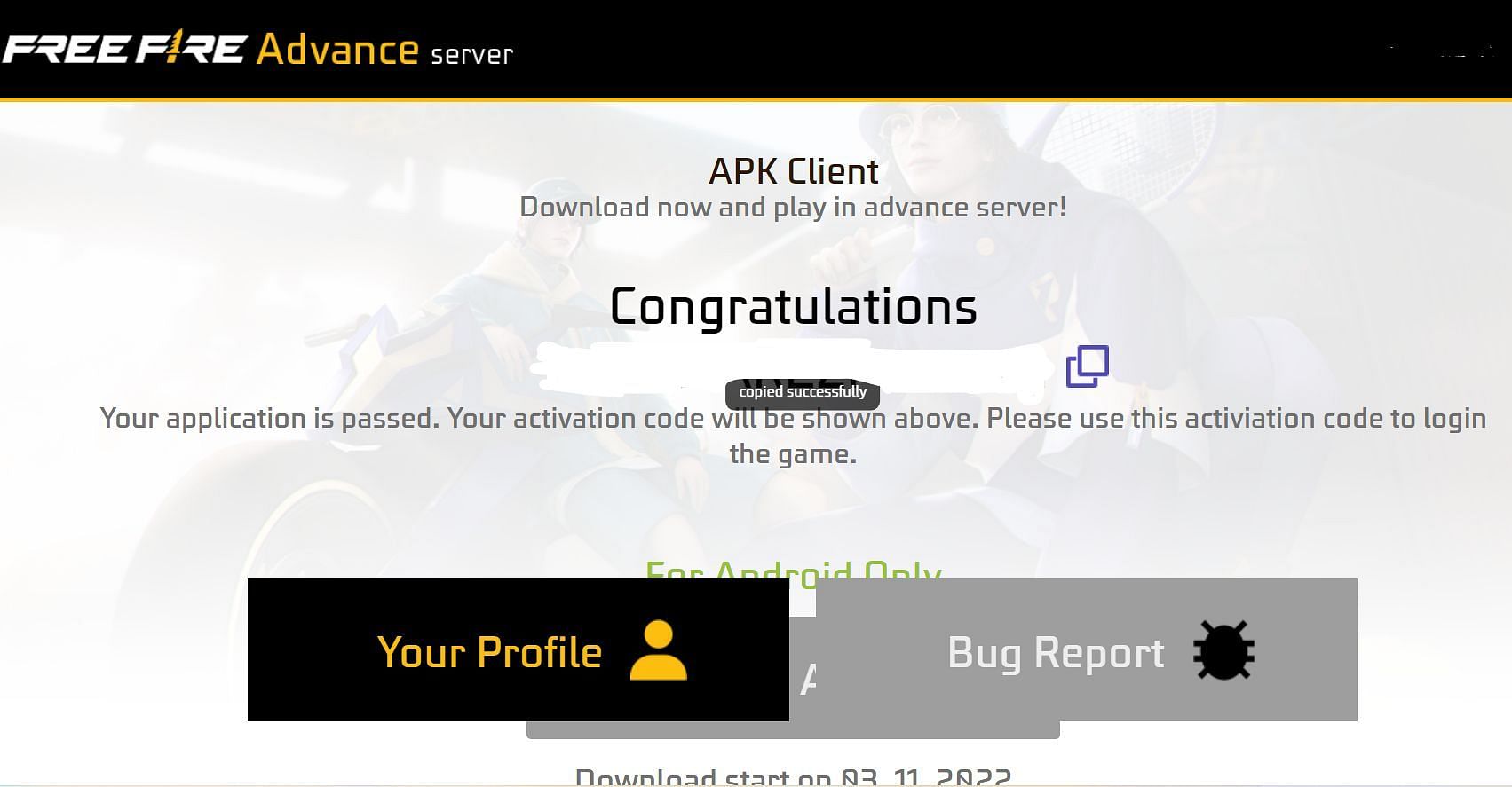 Activation Code is like the key to APK Client as, without it, Advance Server will remain locked (Image via Garena)