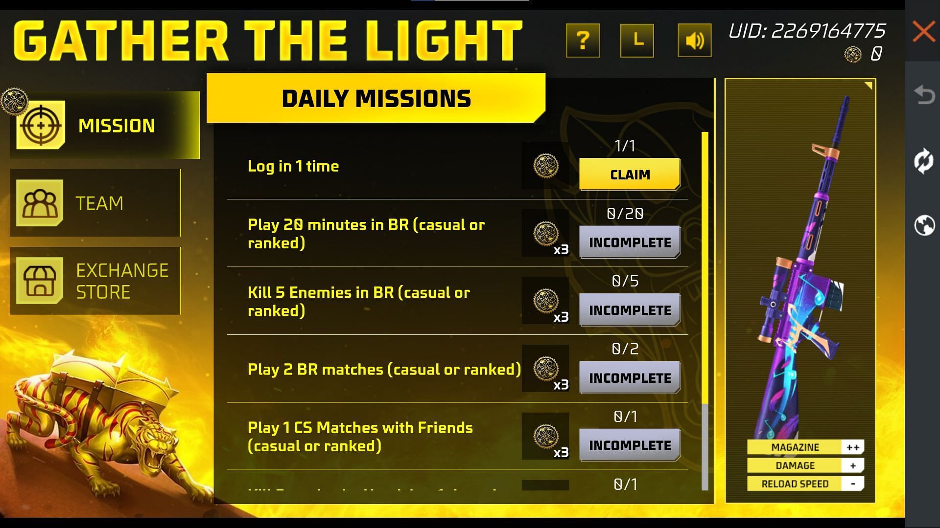 Daily Missions is one of the two methods to get Light tokens in Free Fire MAX (Image via Garena)