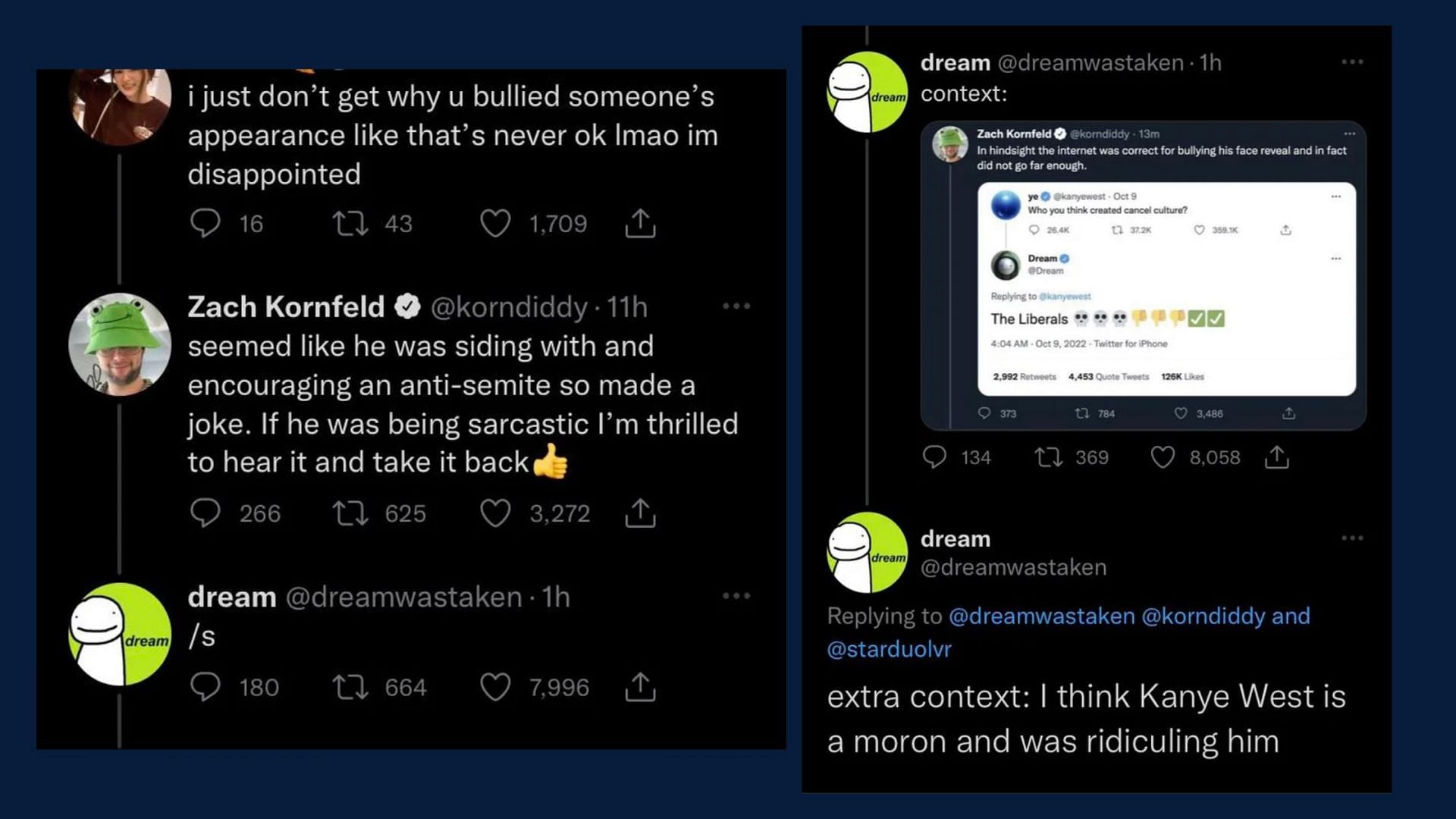 Tweet exchange between Zach Kornfeld and Dream (Image via Reddit/@Hobbes_56)