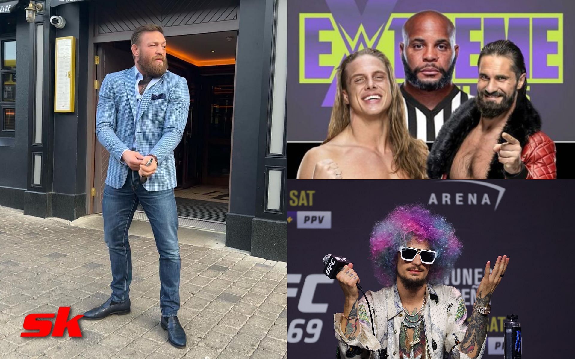 Conor McGregor (left - via @thenotoriousmma on IG), Daniel Cormier with Matt Riddle and Seth Rollins (top right - via @arielhelwani on Twitter), Sean O
