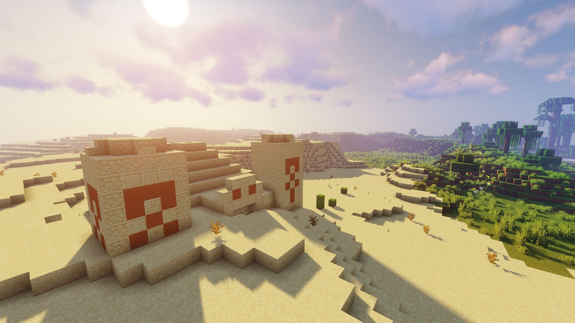 A half-buried temple found on the seed (Image via Minecraft)