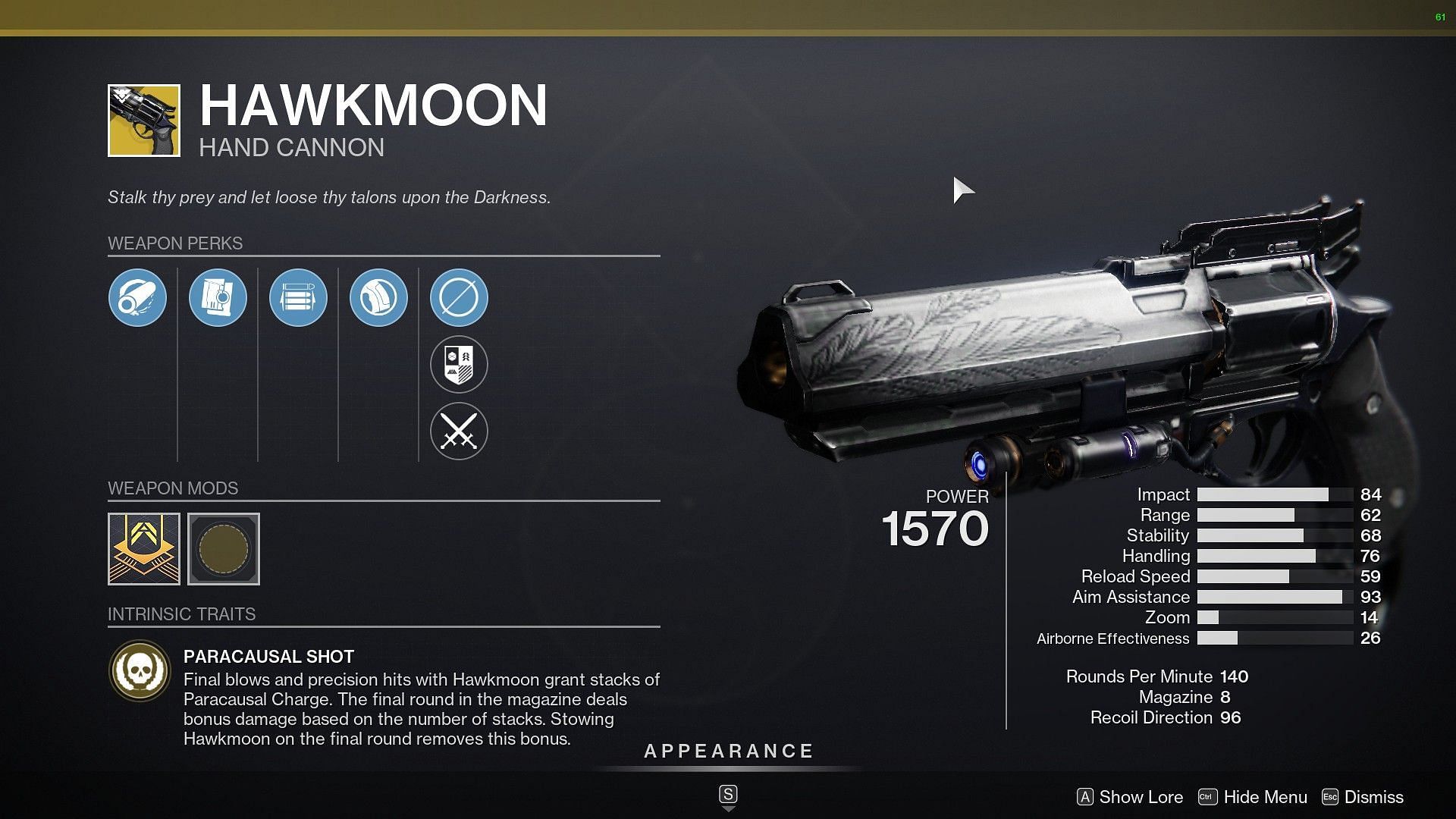 Hawkmoon Exotic Hand Cannon (Image via Destiny 2)