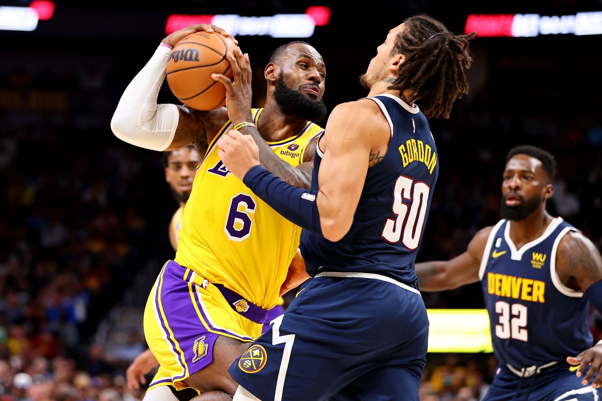 LA Lakers superstar forward LeBron James barreling his way into the paint against the Denver Nuggets.