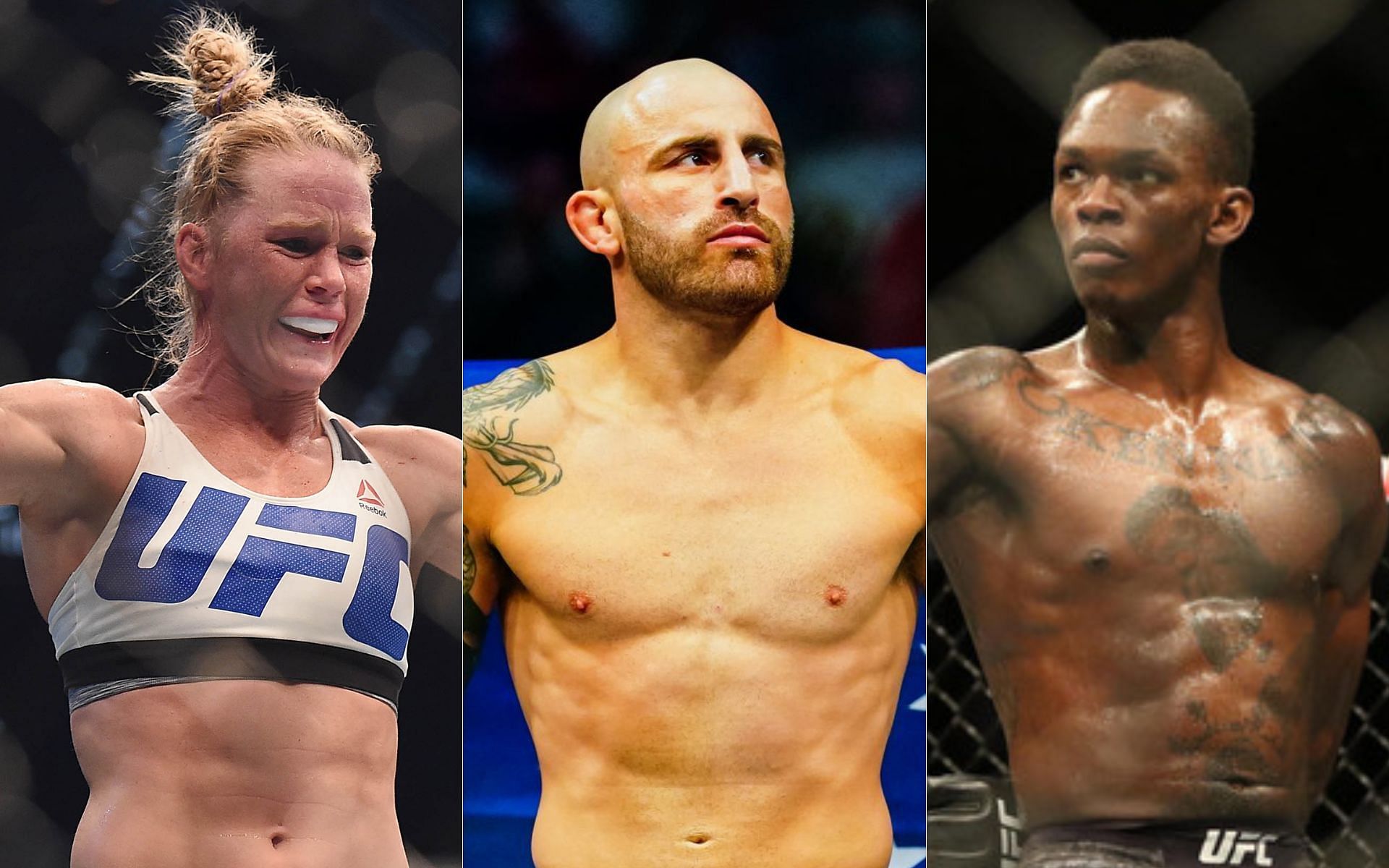 Holly Holm (left), Alexander Volkanovski (centre), Israel Adesanya (right)