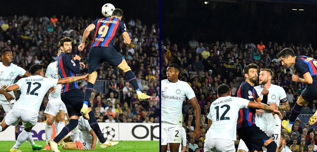 लेवेंडाउस्की ने हवा में उछलकर  बार्सिलोना के लिए शानदार हेडर दागते हुए मैच ड्रॉ करवाया। (uefa.com)(
