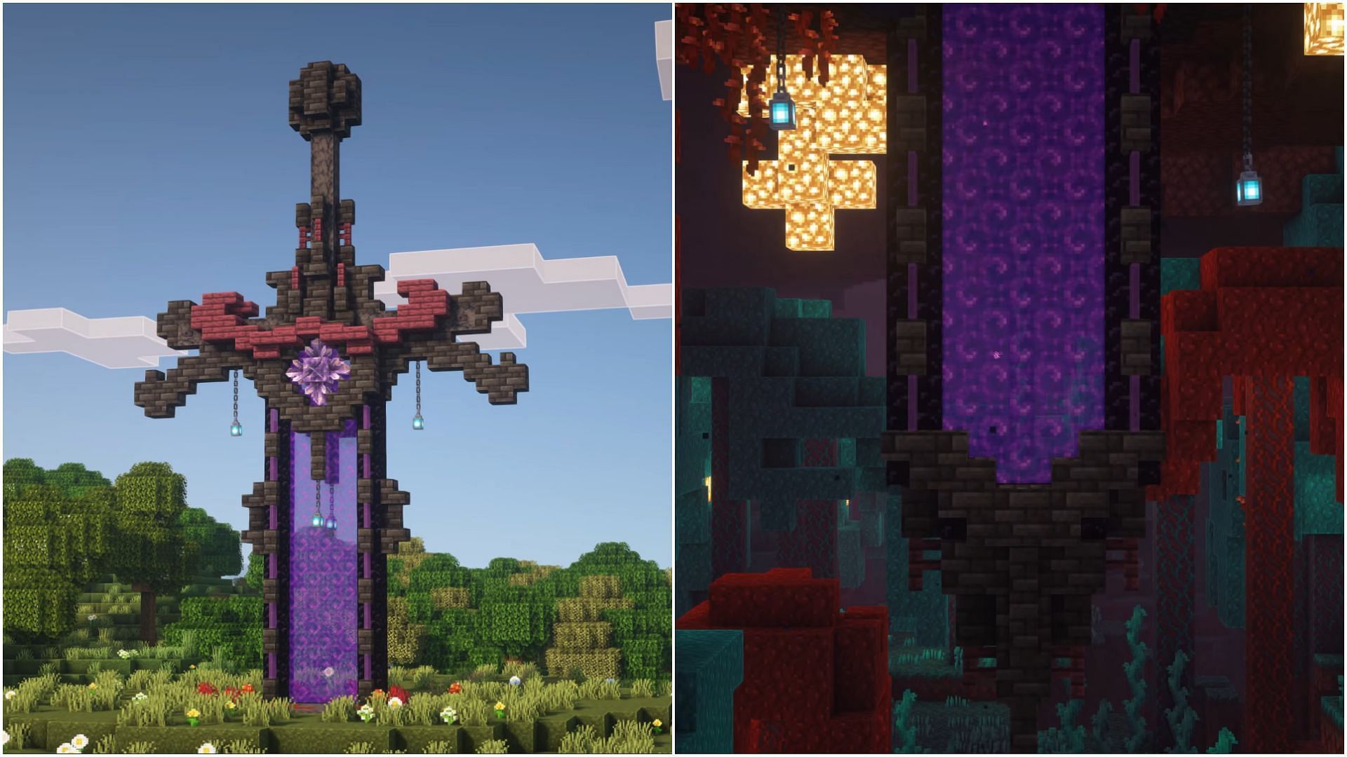 Nether Portal sword design is a unique concept to build in Minecraft (Image via Mojang)