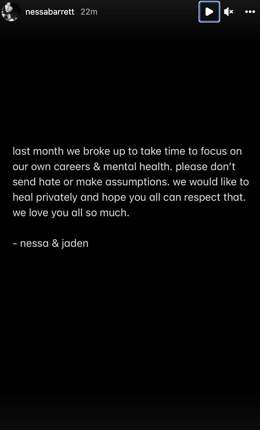 Nessa and Jaden confirmed their breakup in an Instagram post this year after the split. (Image via @nessabarrett/ Instagram)