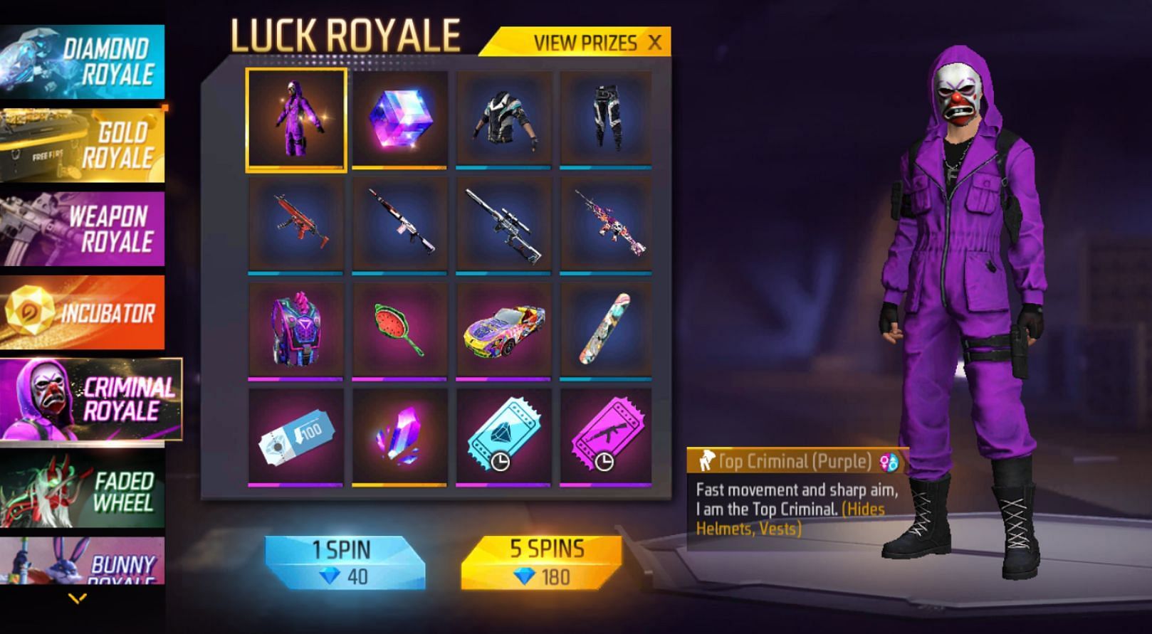 Free Fire MAX Criminal Royale: Get Purple Top Criminal Bundle in