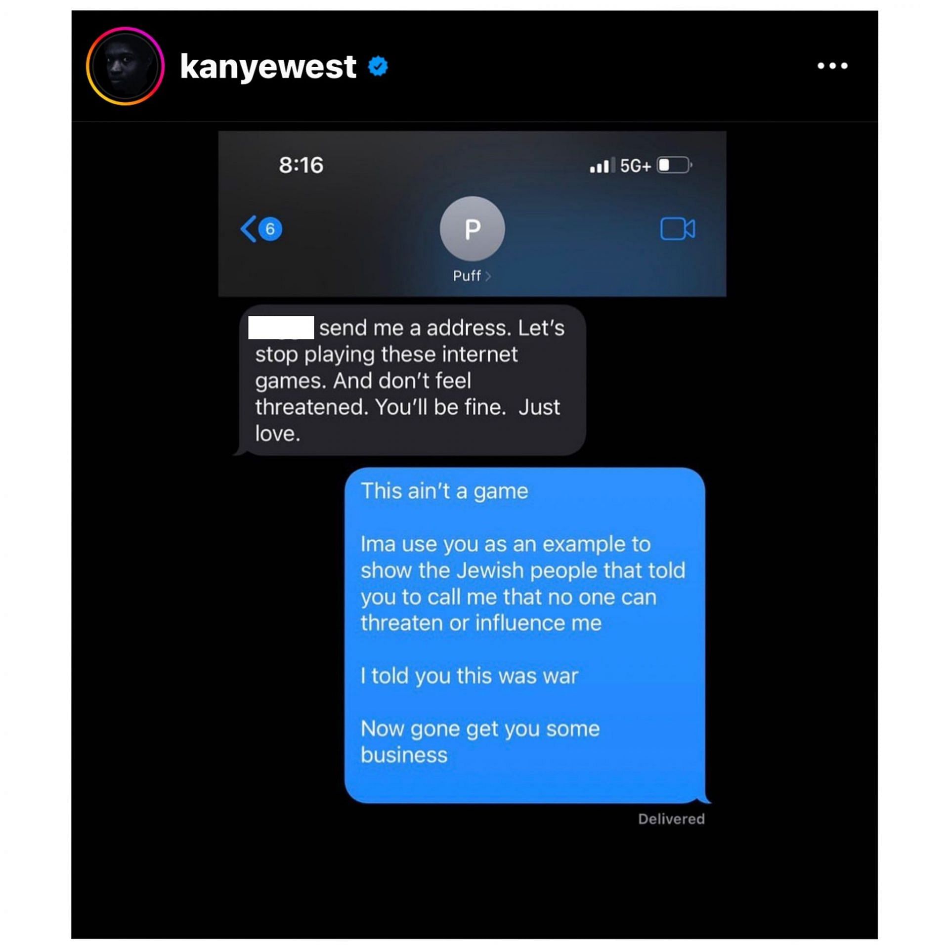 Kanye West&#039;s conversation with Diddy (Image via Kanye West/Instagram)