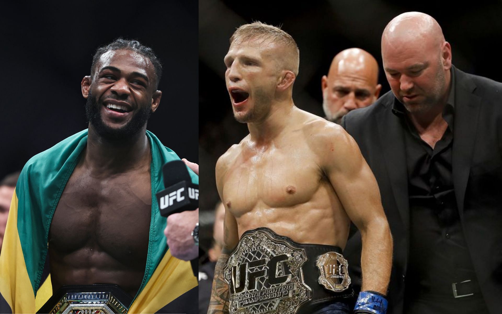 Aljamain Sterling (left), and TJ Dillashaw and Dana White (right). [Images courtesy: left image from Getty Images and right image from MMA Fighting]