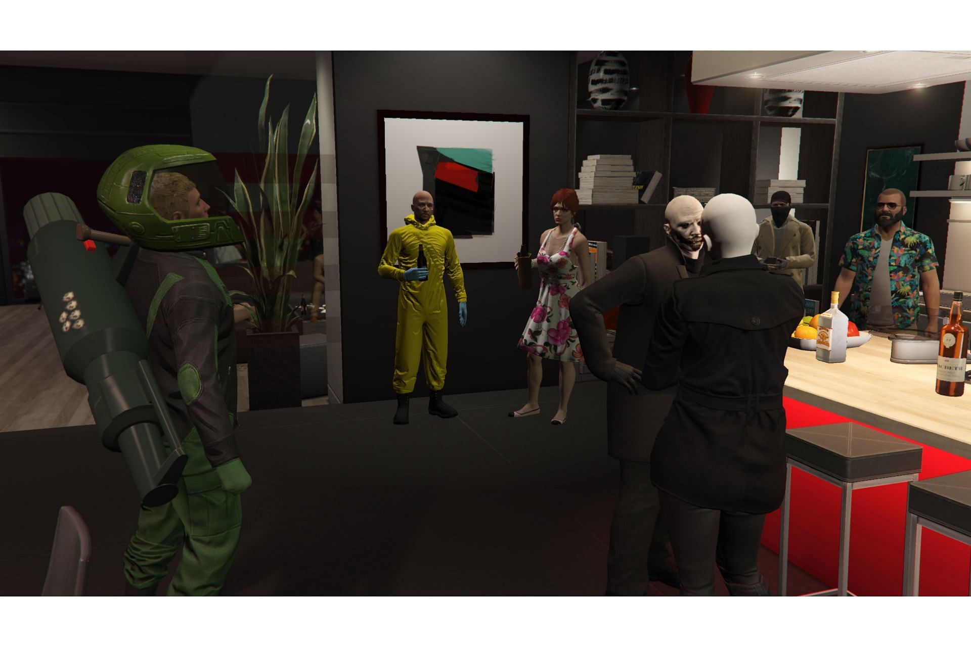 Michael De Santa with various other characters provided with the mod (Image via GTA5 Mods)