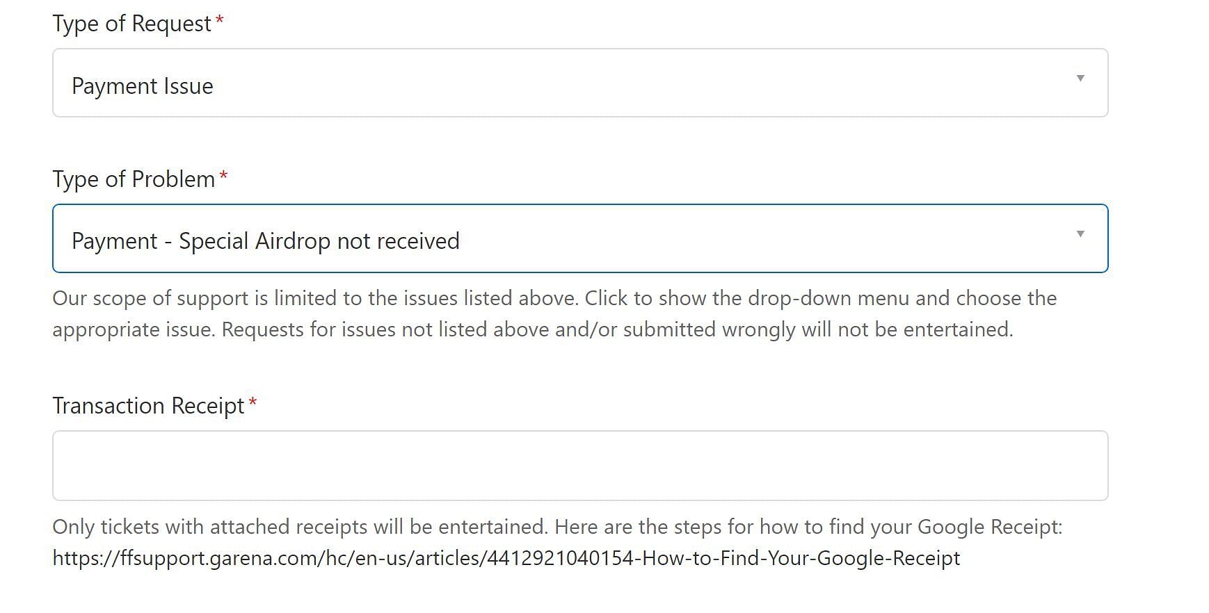 Submitting the ticket related to Special Airdrop issues (Image via Garena)