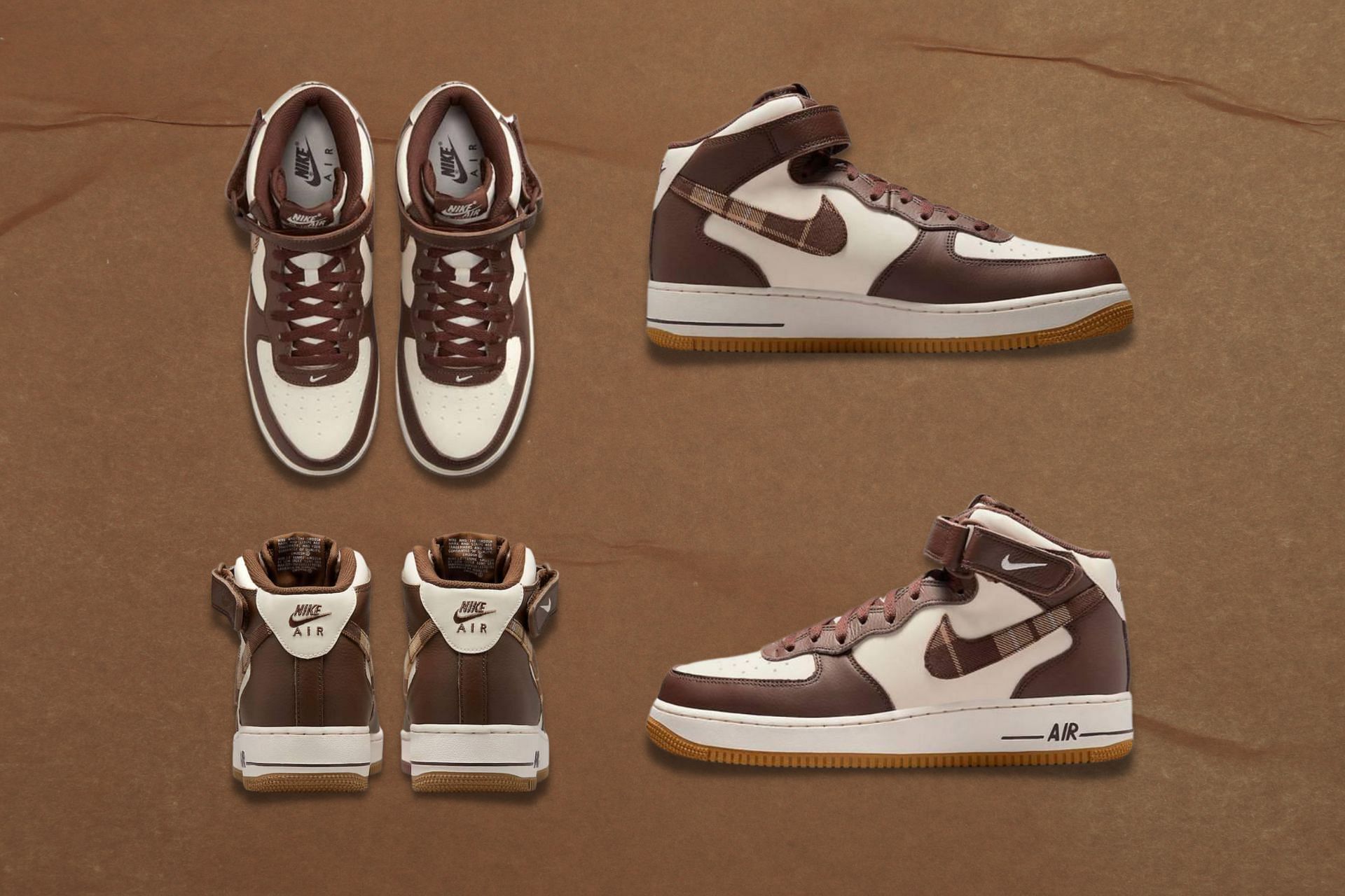 Here&#039;s a detailed look at the impending Air Force 1 Mid Brown Plaid shoes (image via Sportskeeda)