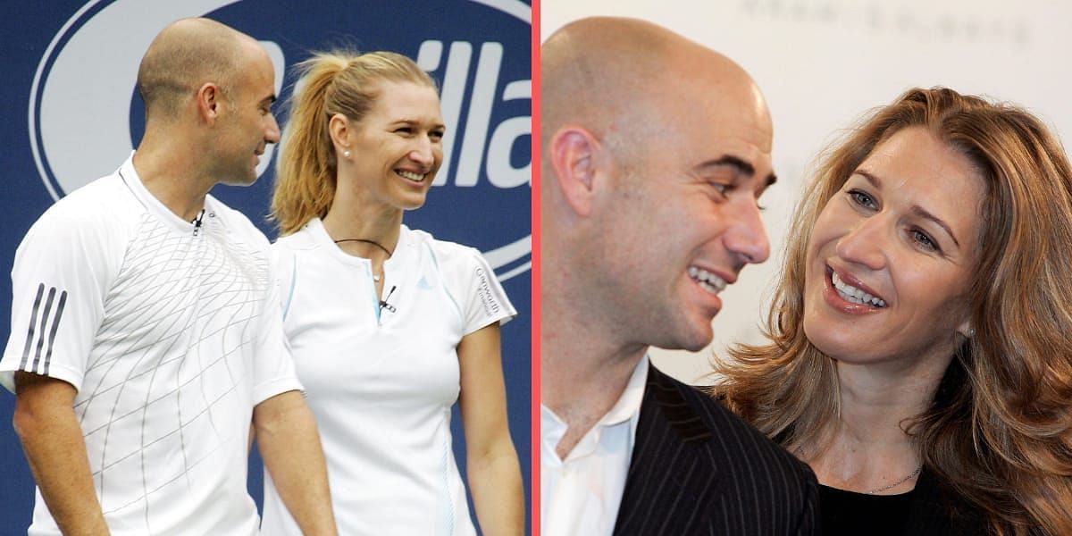 Andre Agassi reacts to his and Steffi Graf