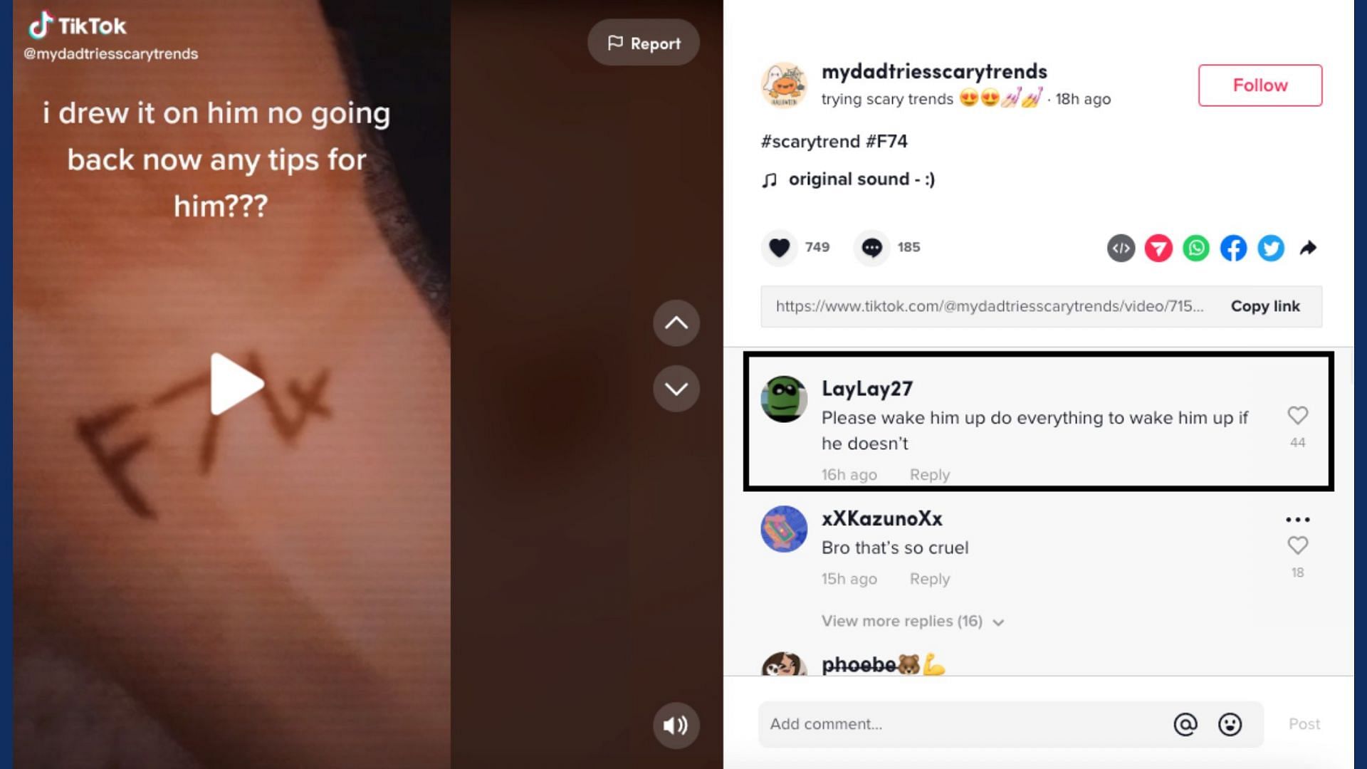 A comment left under the video of someone who took part in the trend (image via TikTok@mydadtriesscarytrends)