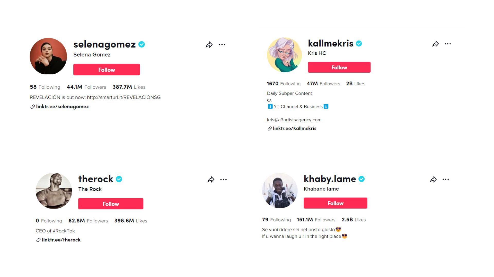 Few celebrities with the verified check mark (image via TikTok)