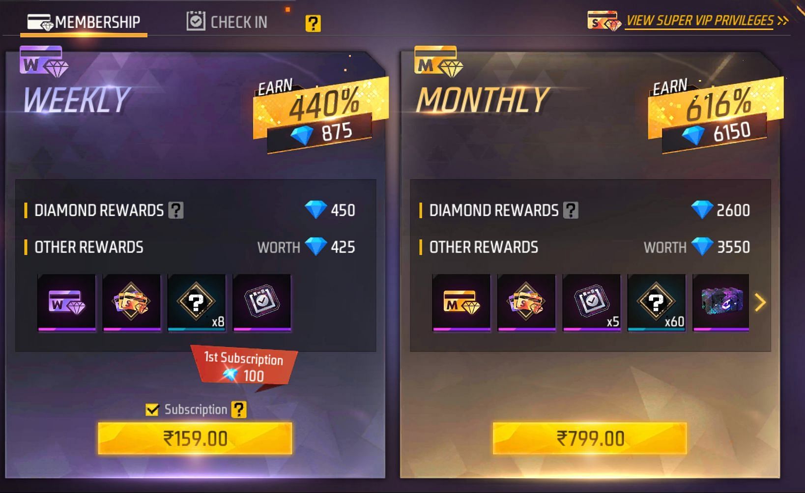 The two memberships and the perks (Image via Garena)