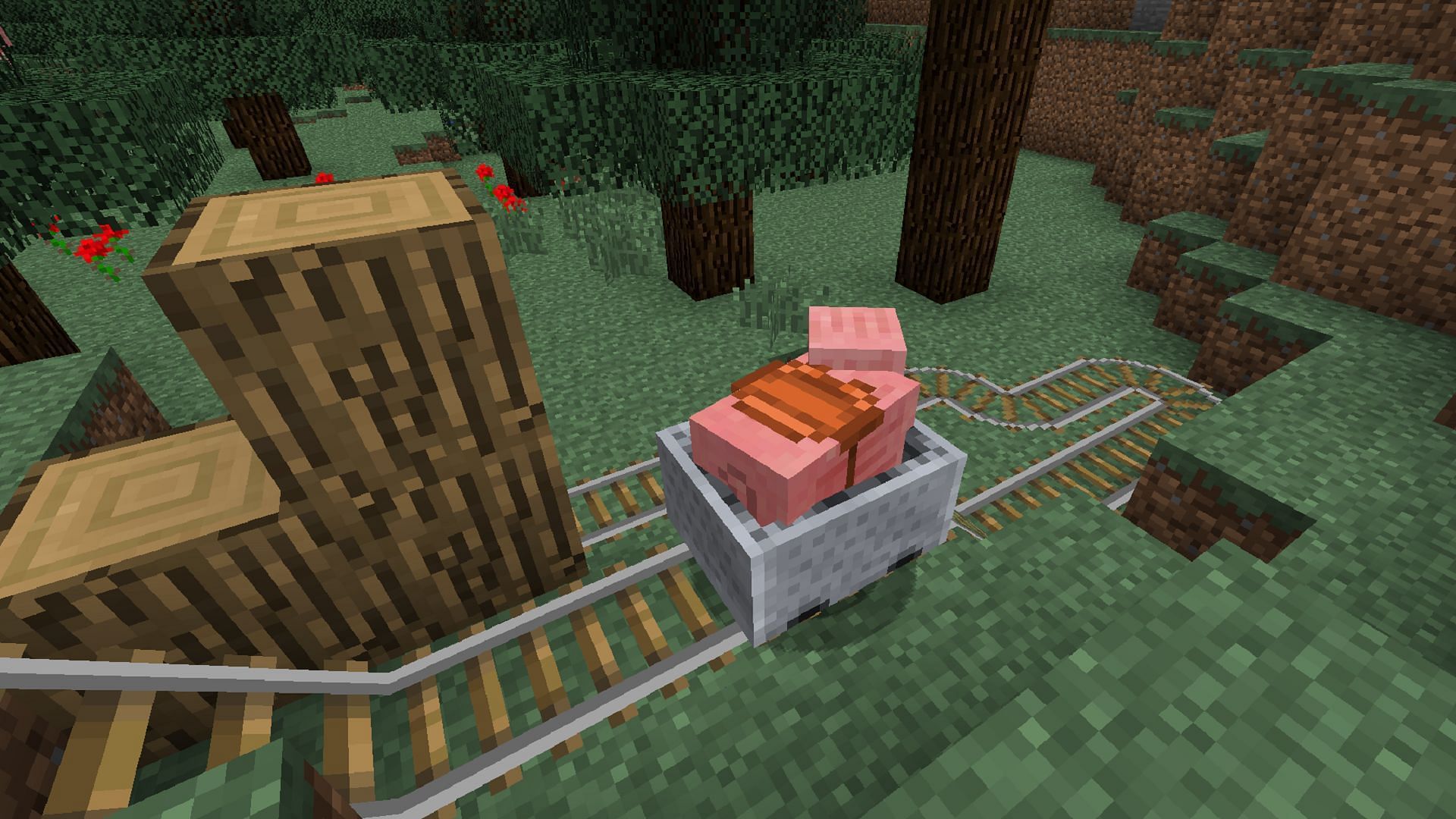 A saddled pig can save players a fortune on powered rails (Image via Mojang)