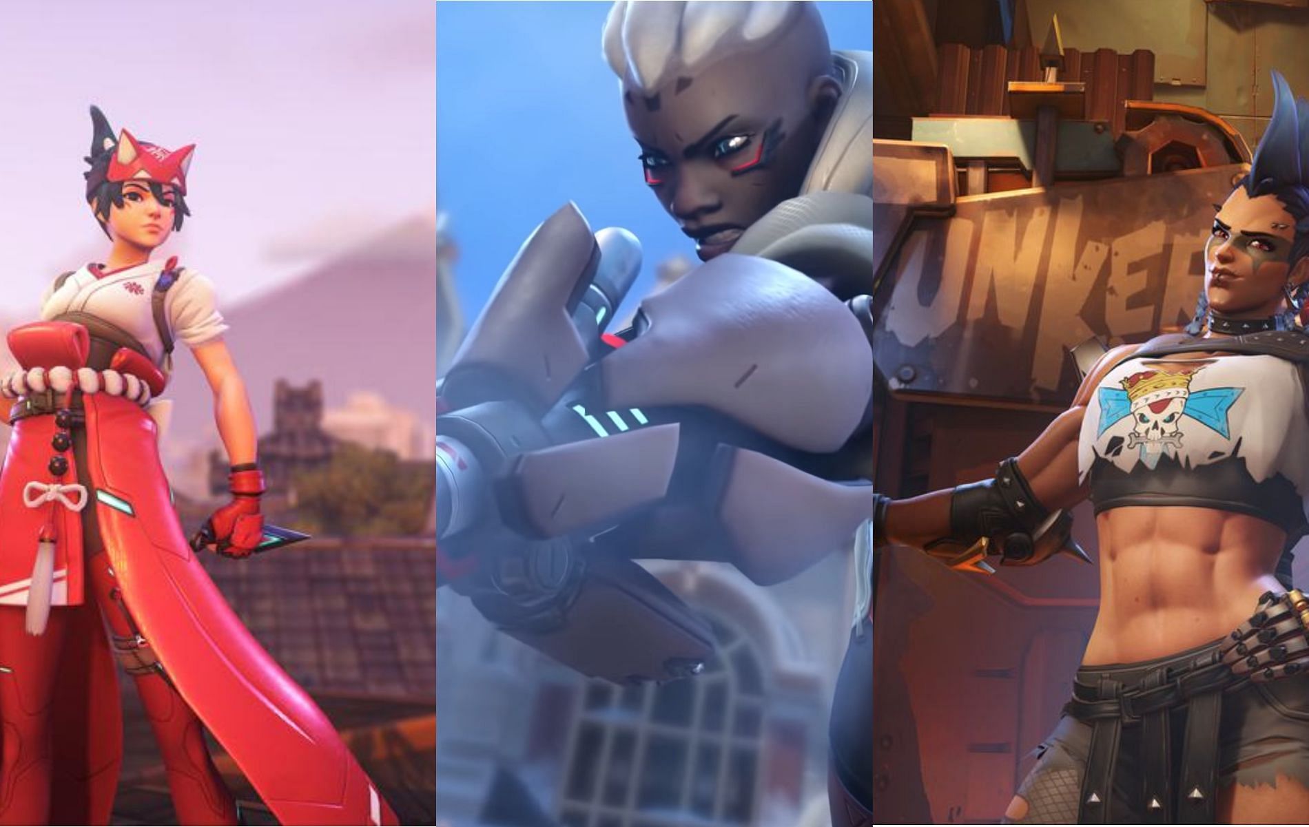 Images of the new heroes Kiriko, Sojourn, and Junker Queen respectively (Images via Blizzard Entertainment)
