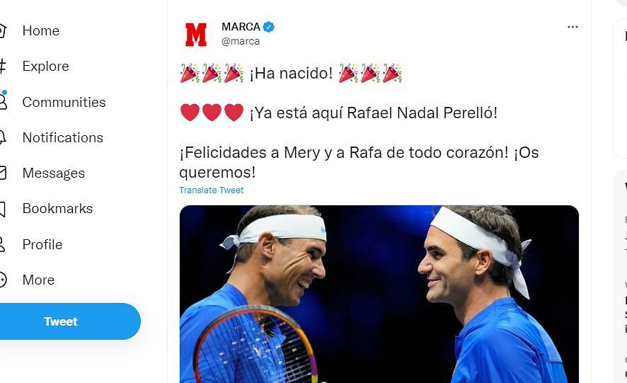 A tweet announcing the news of the birth of Rafael Nadal&#039;s son