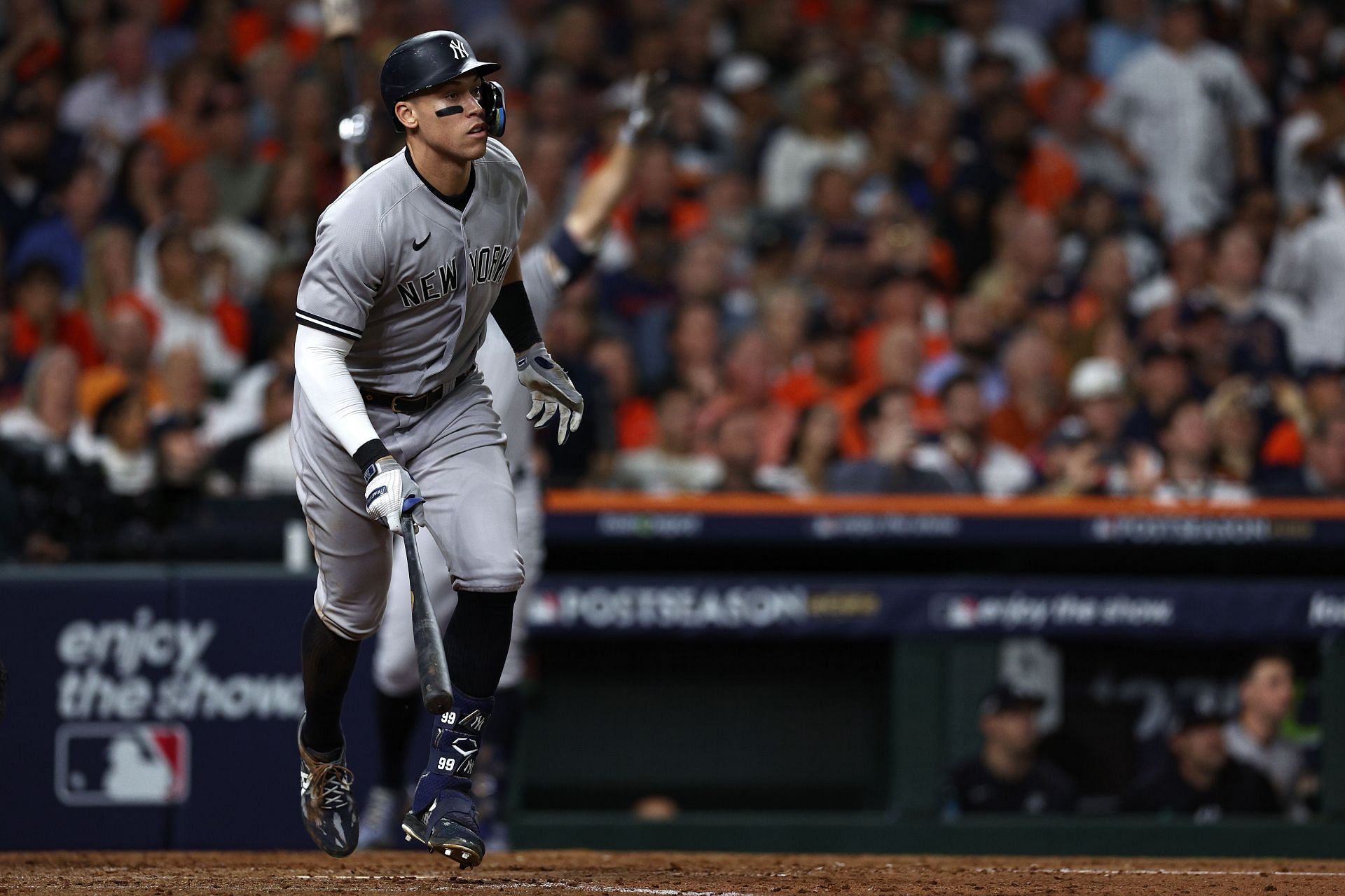 Aaron Judge hits a fly ball against the Houston Astros at Minute Maid Park.