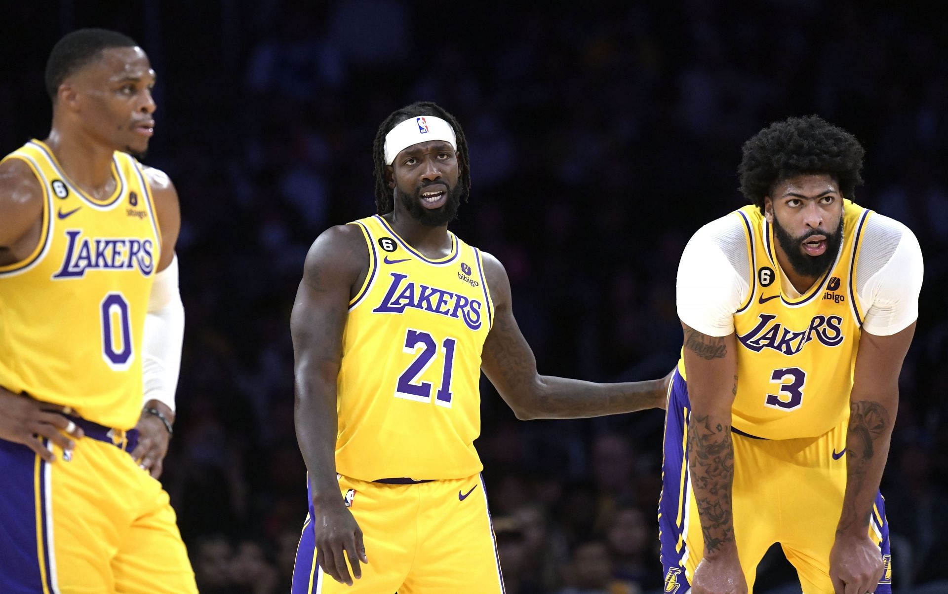 Russell Westbrook, Patrick Beverley and Anthony Davis of the LA Lakers.