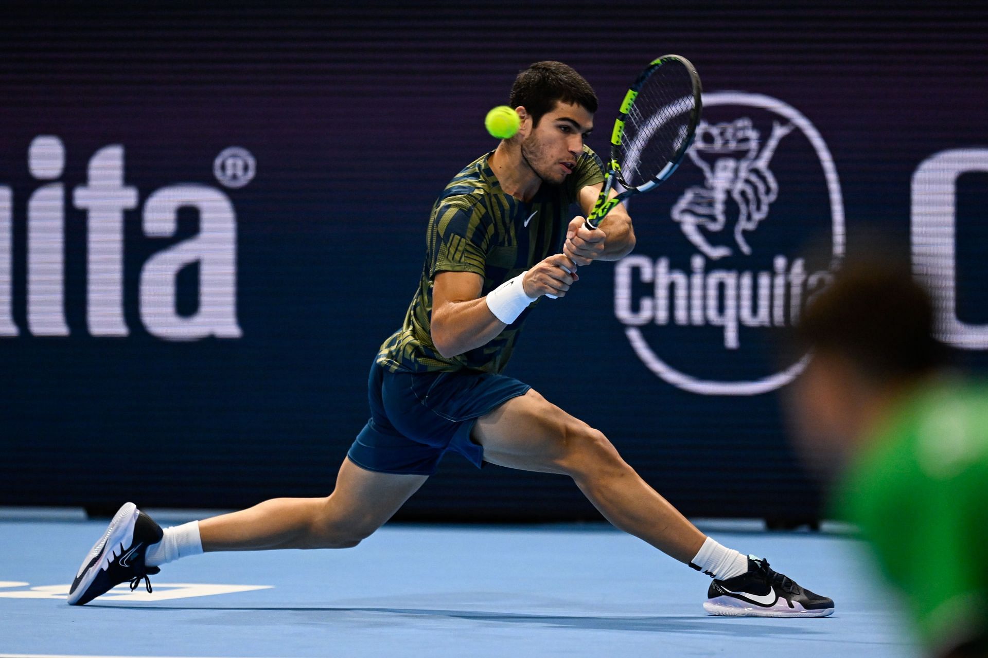 Carlos Alcaraz in action at the Swiss Indoors in Basel.