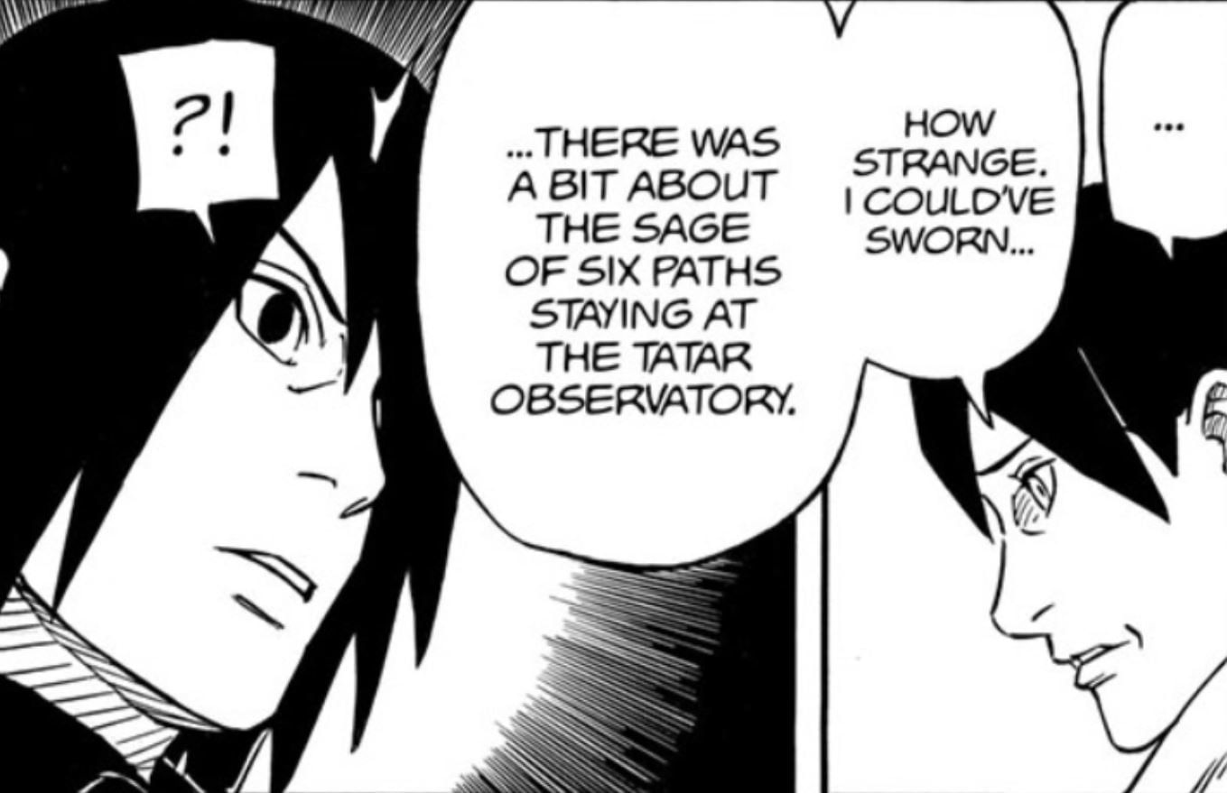 Sasuke learning about Hagoromo&#039;s Otsutsuki&#039;s time in Tatar Observatory (Image via Viz Media)