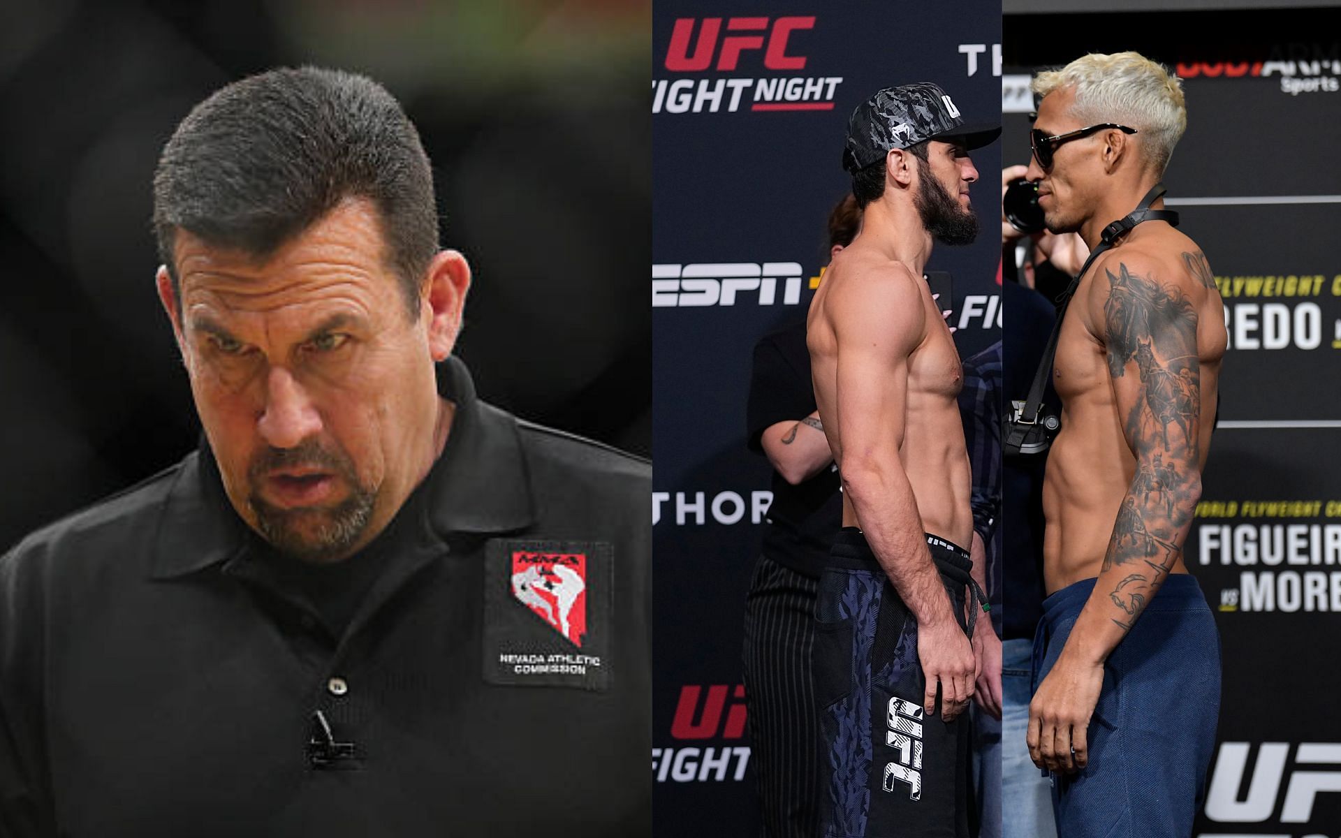 From left to right: John McCarthy, Islam Makhachev, and Charles Oliveira