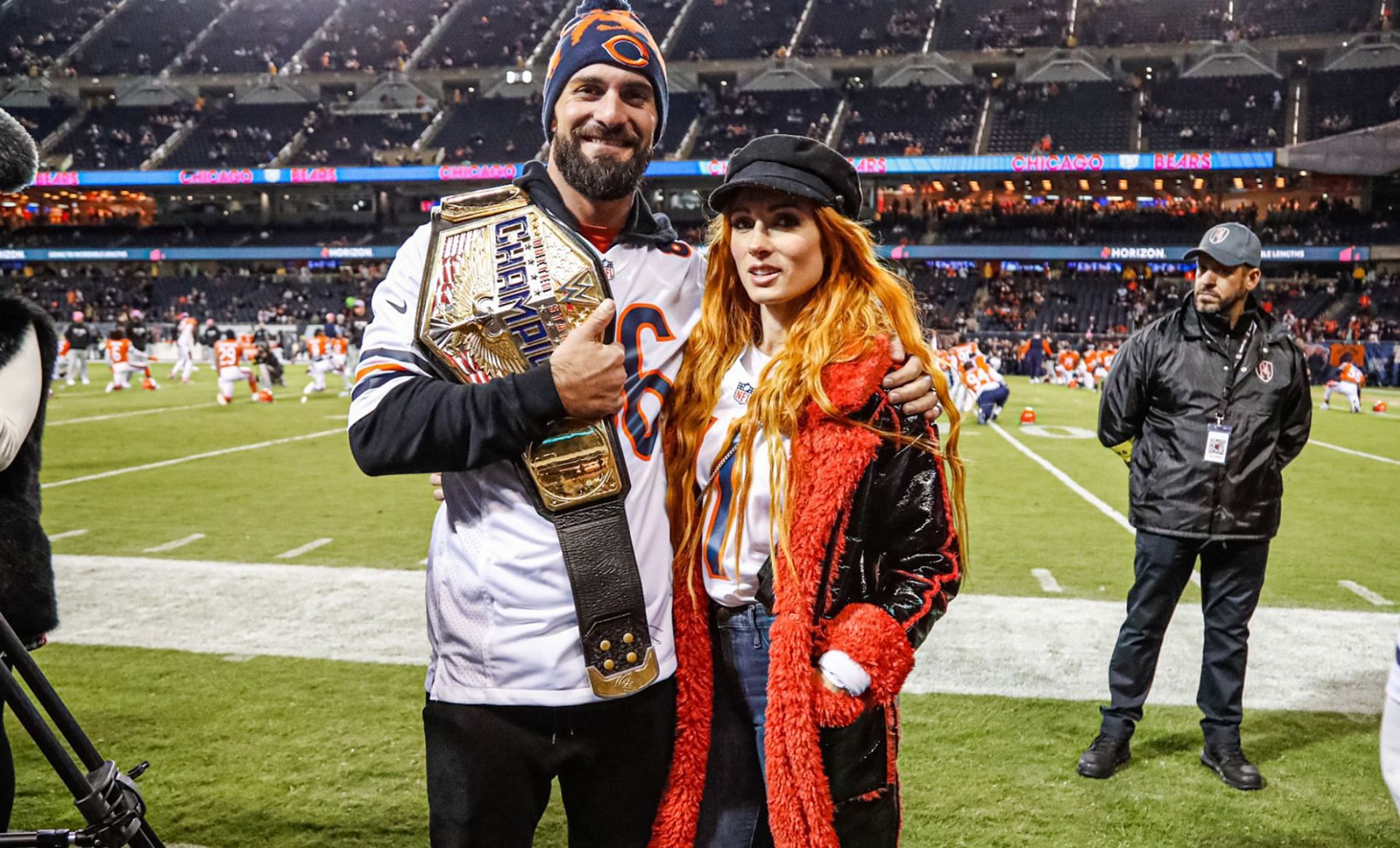 WWE stars Seth Rollins and Becky Lynch attend Chicago Bears game