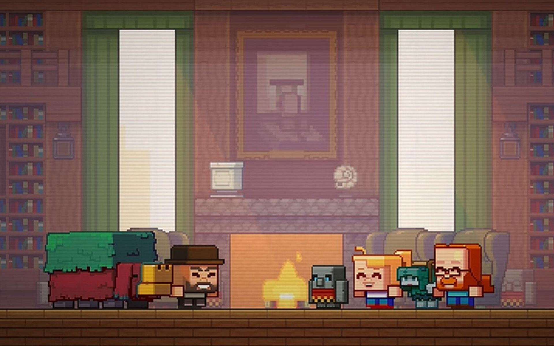 Tiny Jens, Tiny Agnes and Tiny Vu standing with each of the Mob Vote participants. (Image via Mojang)