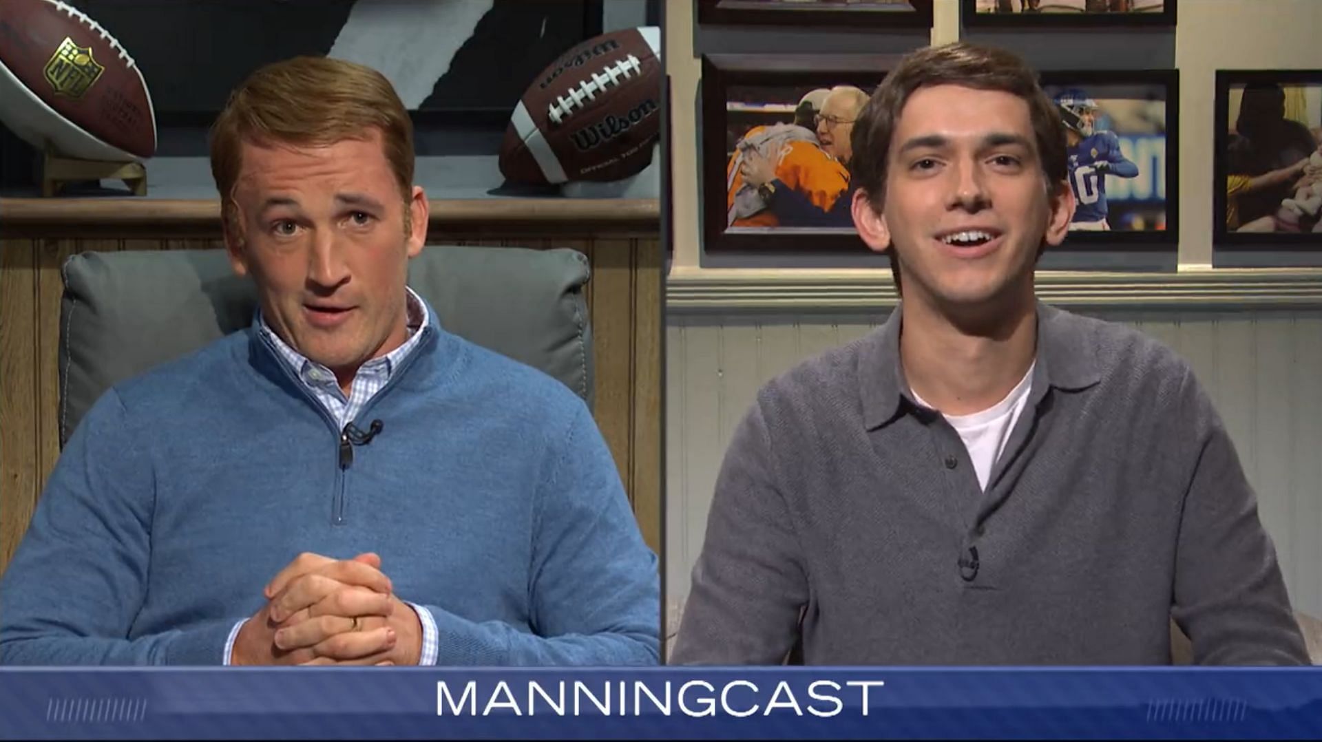 Miles Teller and Andrew Dismukes, as the Manning brothers, ripped apart SNL in their expert dissection during cold open (Image via NBC)