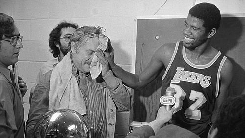 Lakers owner Jerry Buss and superstar Magic Johnson